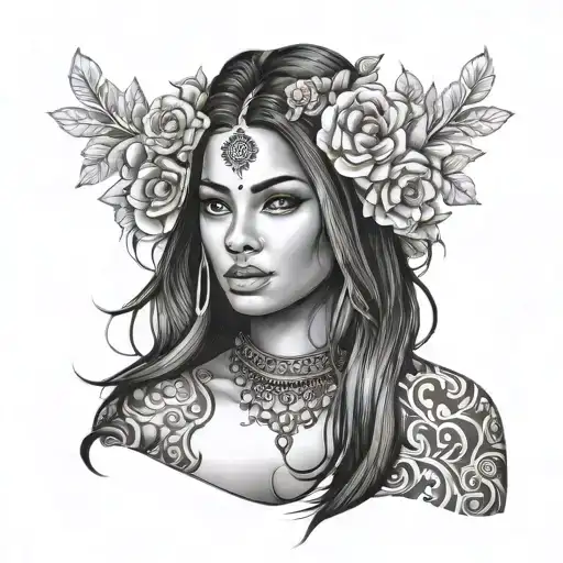 beautiful woman face, hair down , east  indian woman, pretty, full face and hair, neck and shoulders  tattoo design idea