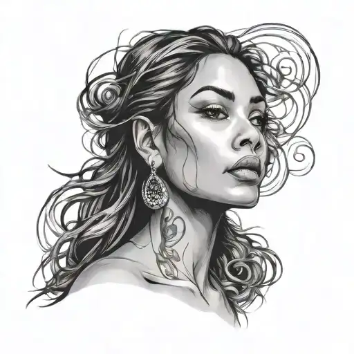 beautiful woman face, looking up, hair down , east  indian woman, pretty, full face and hair, neck and shoulders  tattoo design idea