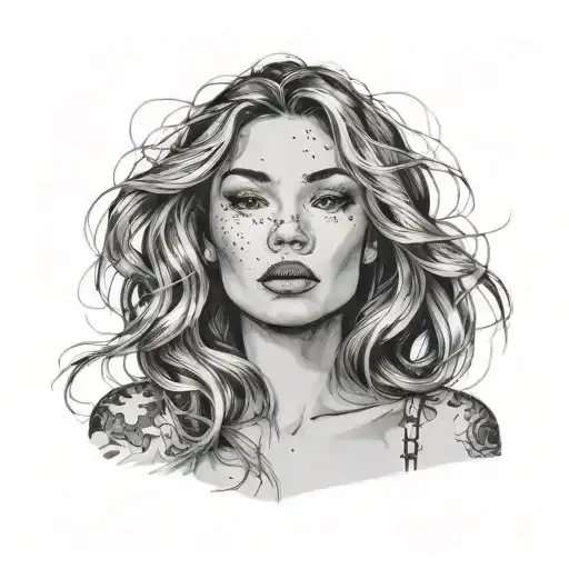 beautiful woman face, looking slightly up, lips parted, smooth skin, light freckles, pretty, full face  tattoo design idea