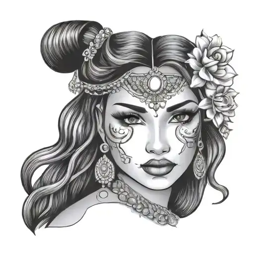 beautiful woman face, hair down , east  indian woman, pretty, full face and hair, neck and shoulders  tattoo design idea