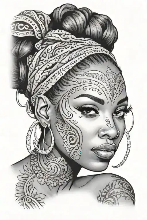 pretty womans face black woman 3/4 view tattoo design idea