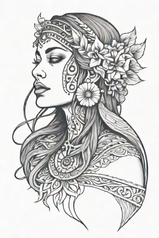 beautiful woman face, hair down , native  woman, pretty, full face and hair, neck and shoulders  tattoo design idea
