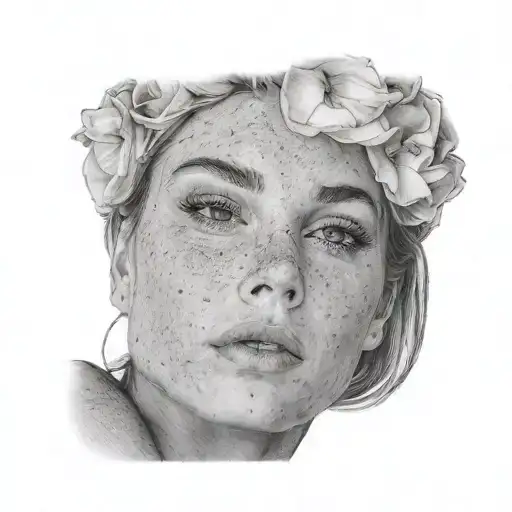 beautiful woman face, looking slightly up, lips parted, smooth skin, light freckles tattoo design idea