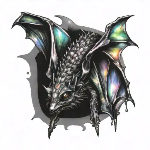 iridescent high shine black chrome bat on white background tattoo design idea