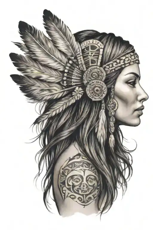 beautiful woman face, facing front , hair down , native american  features, pretty, full face and hair, neck shoulders  tattoo design idea