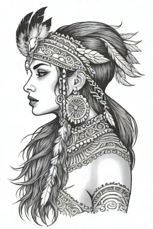 beautiful woman face, facing front , hair down , native american  features, pretty, full face and hair, neck shoulders  tattoo design idea