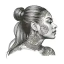 beautiful woman face, looking up, smooth skin, east  indian woman, pretty, full face and hair, neck and shoulders  tattoo design idea