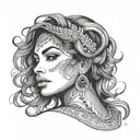 beautiful woman face, looking up, no tattoo, east  indian woman, pretty, full face and hair, neck and shoulders  tattoo design idea
