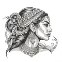 beautiful woman face, looking up, no tattoo, east  indian woman, pretty, full face and hair, neck and shoulders  tattoo design idea
