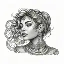 beautiful woman face, looking up, no tattoo, east  indian woman, pretty, full face and hair, neck and shoulders  tattoo design idea