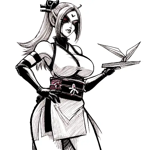 cyberpunk geisha from the waist up. her face has hard lines from a total facial graft. she holds an origami unicorn tattoo design idea