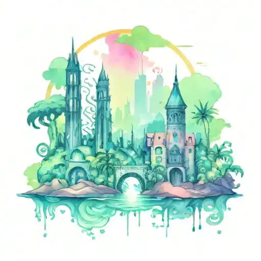 neon atlantis city with sea monster tattoo design idea