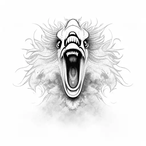 A screaming griffin head from the front with smoke in the background tattoo design idea