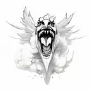 A screaming griffin head from the front with smoke in the background tattoo design idea