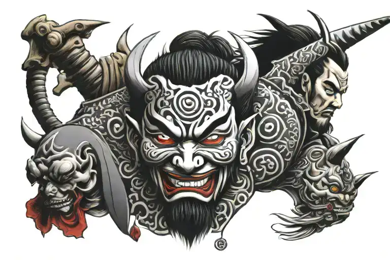 Samurai and Demon face tattoo design idea