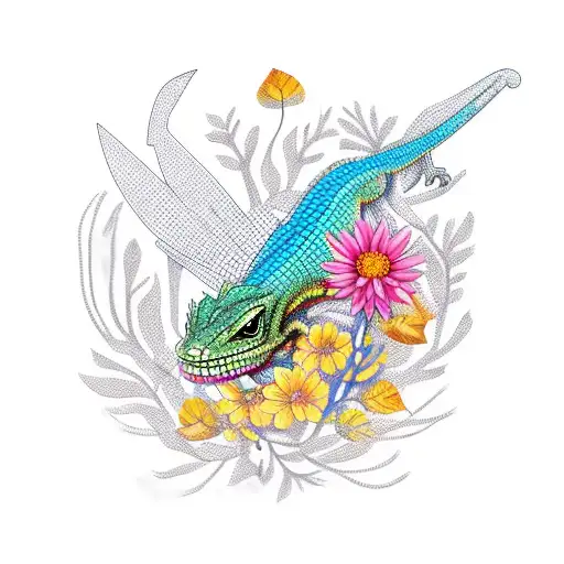 lizard wrapped in autumn flowers with a bird for an entire arm, that intertwines a skull tattoo design idea