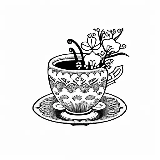 tea cup with lace design and lily of the valley flowers and peoney flower, and a purple cone flower inside the cup tattoo design idea