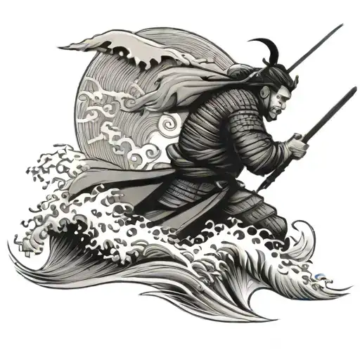 A Samurai Warrior battling against a backdrop of Japanese Waves tattoo design idea