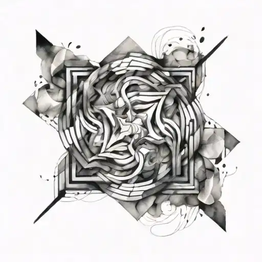 Abstract watercolor river flowing through a geometric Gemini symbol tattoo design idea