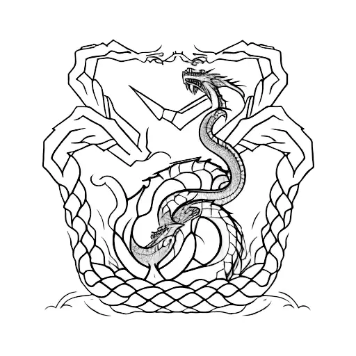  battle between a dragon and a snake suitable pattern for the upper arm of a man, sacred geometric background tattoo design idea