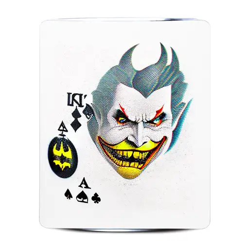 A unique and creative tattoo design combining elements of Batman's utility belt and the Joker's playing cards in a new-school style tattoo design idea