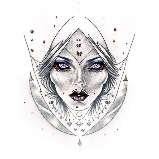 witchy woman with raven hair and ruby lips with sparks flying from her fingertips tattoo design idea