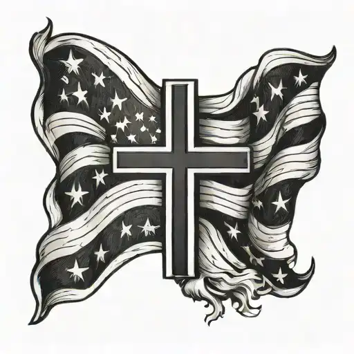 black and white USA flag with Christian cross tattoo design idea