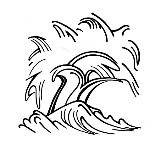 Wave crashing against a palm tree on a deserted beach tattoo design idea