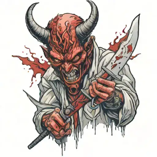devil with gbg6 under his eye and 6 arm coming out from behind him holding a bloody knife  tattoo design idea