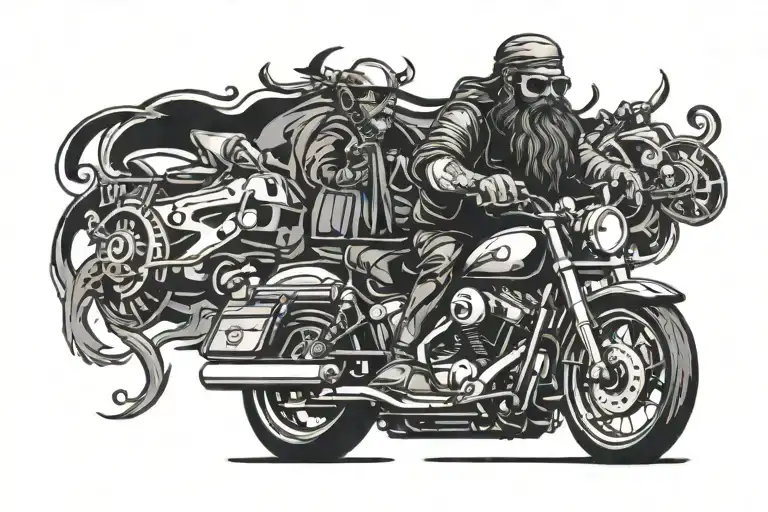 beard biker on motor bike ride tattoo design idea