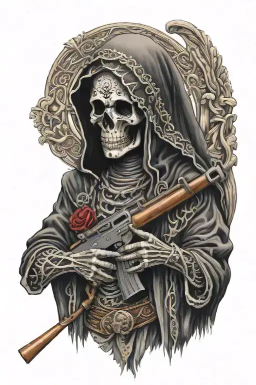 Santa Muerte holding AK 47 gun tattoo design idea