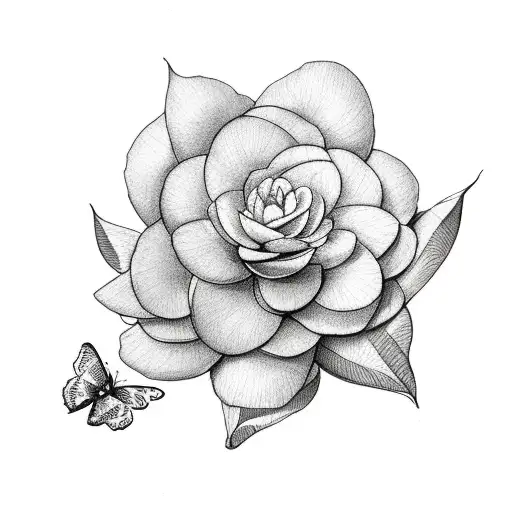camellia flowers on a vine with butterflies tattoo design idea