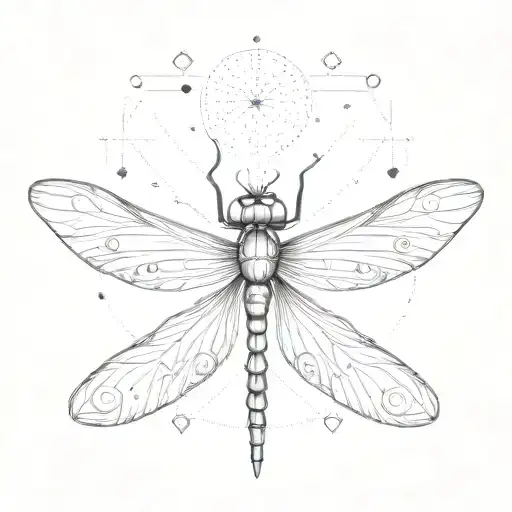 symmetrical cute dragonfly with mimi stars line and dots around it tattoo design idea