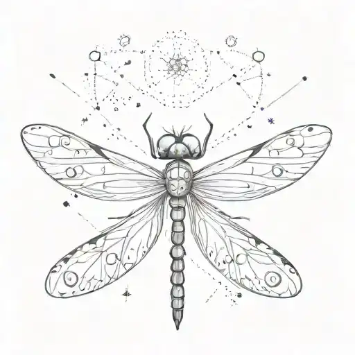 symmetrical cute dragonfly with mimi stars line and dots around it tattoo design idea