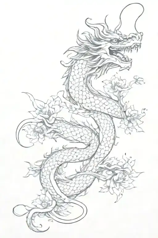 neat chinese dragon with petals falling tattoo design idea