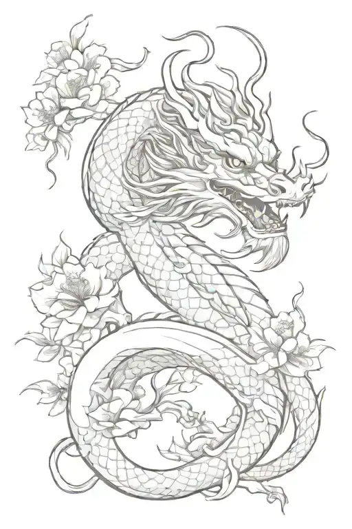 elegant chinese dragon with sakura flowers tattoo design idea