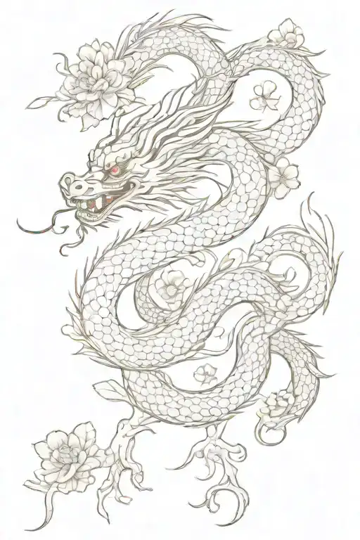 elegant chinese dragon with sakura flowers tattoo design idea