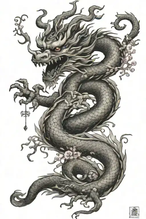 Chinese dragon with sakura tree tattoo design idea