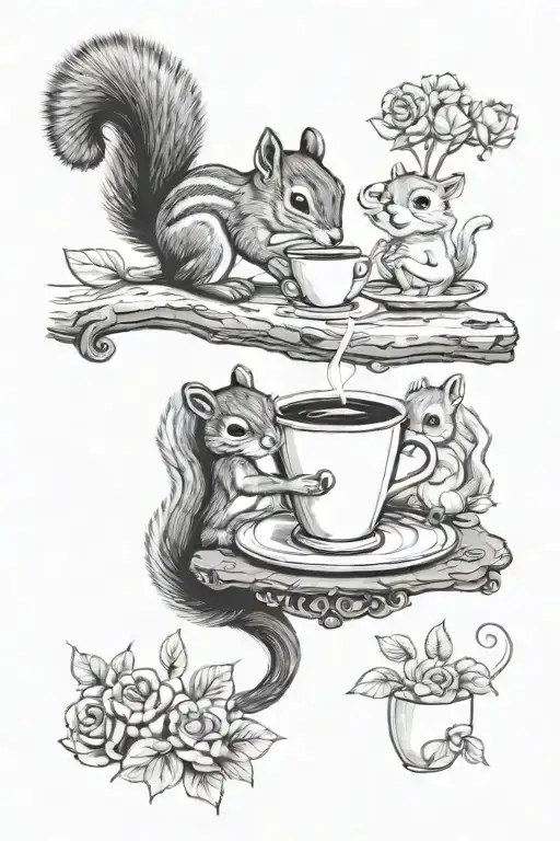 squirrel and chipmunk having coffee together representing the client's love tattoo design idea