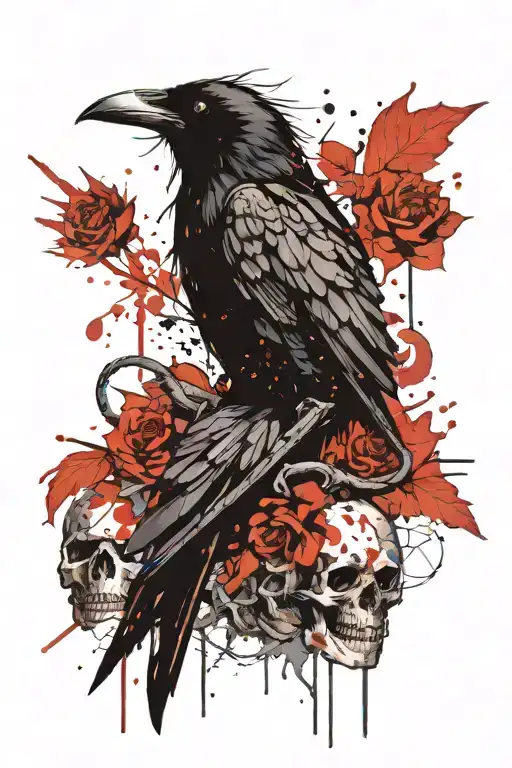 Raven on skulls facing each other tattoo design idea