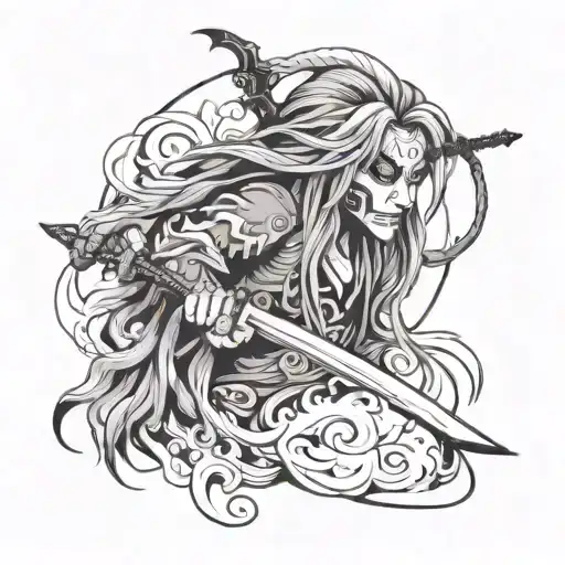 polinesian pattern Shinigami with flowing hair , scythe,  hauntingly beautiful eyes,  mist clouds swirling  tattoo design idea