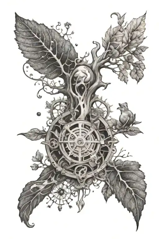 An intricate mechanical design incorporating elements of nature like trees and animals tattoo design idea