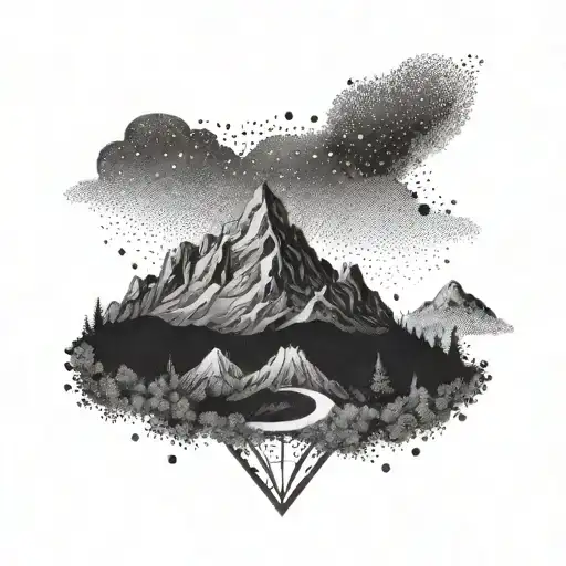 A dotwork tattoo of a mountain silhouette with an infinity symbol hidden within the design tattoo design idea