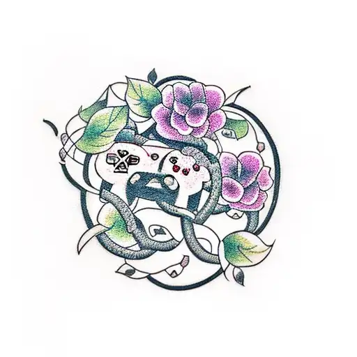 A dotwork tattoo of a gaming controller intertwined with vines and flowers tattoo design idea