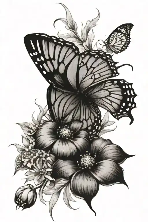 Vertical thin tattoo with milkweed plant, carnations, daisy’s, greenery, and cosmos flowers with a monarch butterfly   tattoo design idea