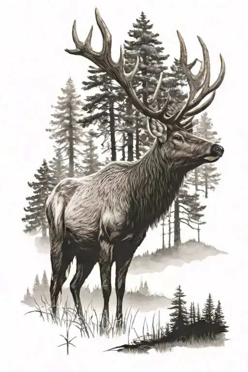 elk with a woods background tattoo design idea