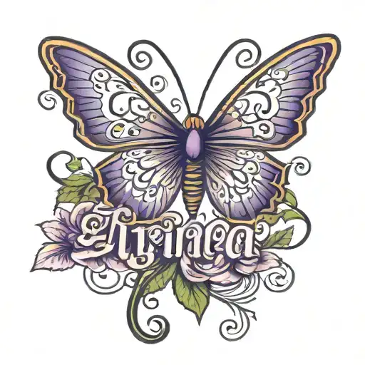 the name Trina in cursive with a purple butterfly  tattoo design idea