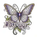 the name Trina in cursive with a purple butterfly  tattoo design idea