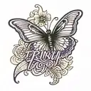 the name Trina in cursive with a purple butterfly  tattoo design idea