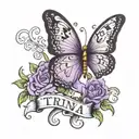 the name Trina in cursive with a purple butterfly  tattoo design idea